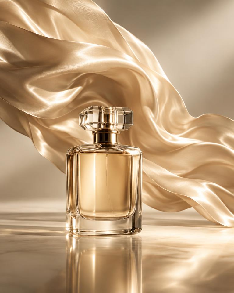 Perfume bottle with flowing champagne silk