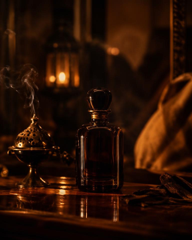 Perfume bottle in warm oud atmosphere